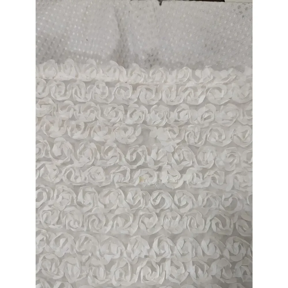 LUSH DECOR! CREAM RIBBON EMBROIDERED POUFY ROSETTES PLUSH SHOWER CURTAIN!